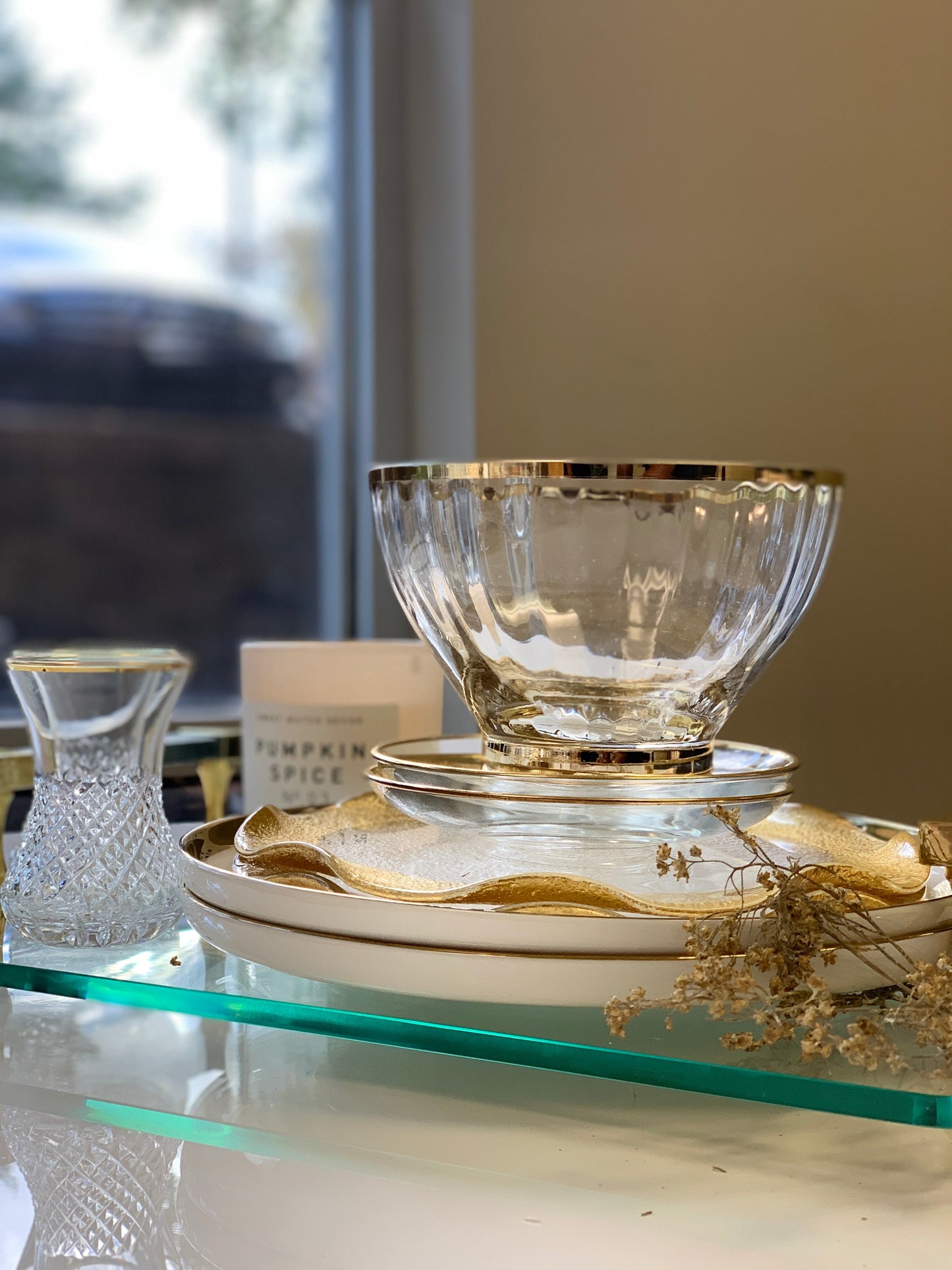 Glass Challah Board/Tray  With Grey Marble Handles and Knife