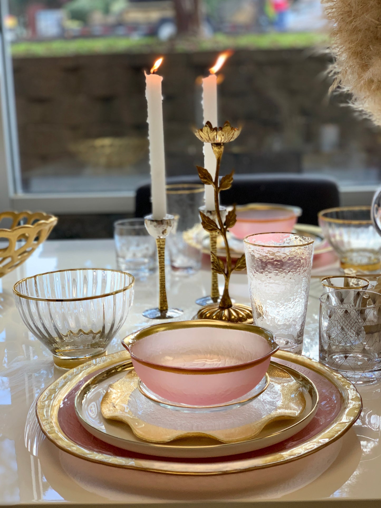 Soft Pink Glass Bowl with Gold Border