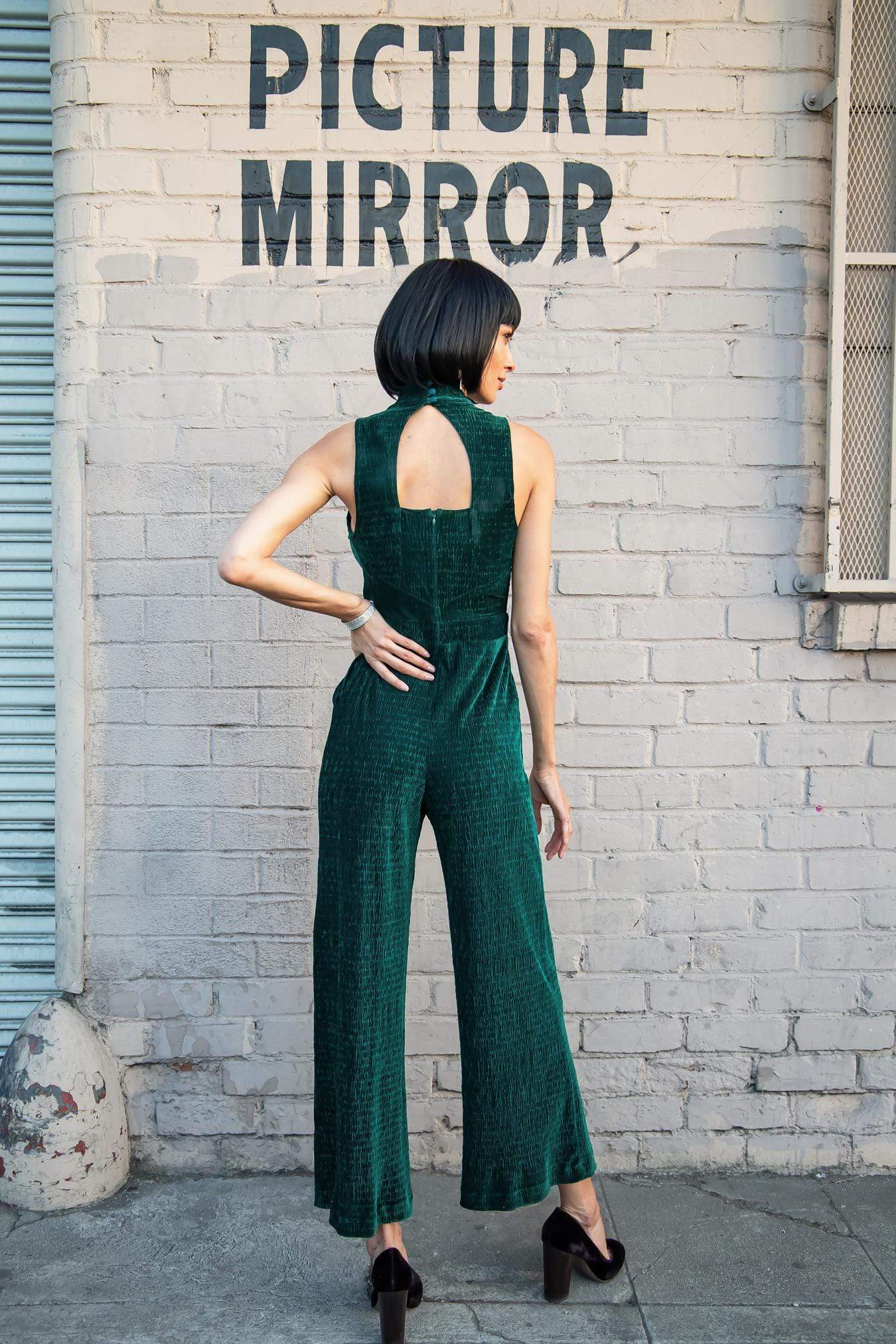 La Femme Jumpsuit - Pleated Spruce Velvet