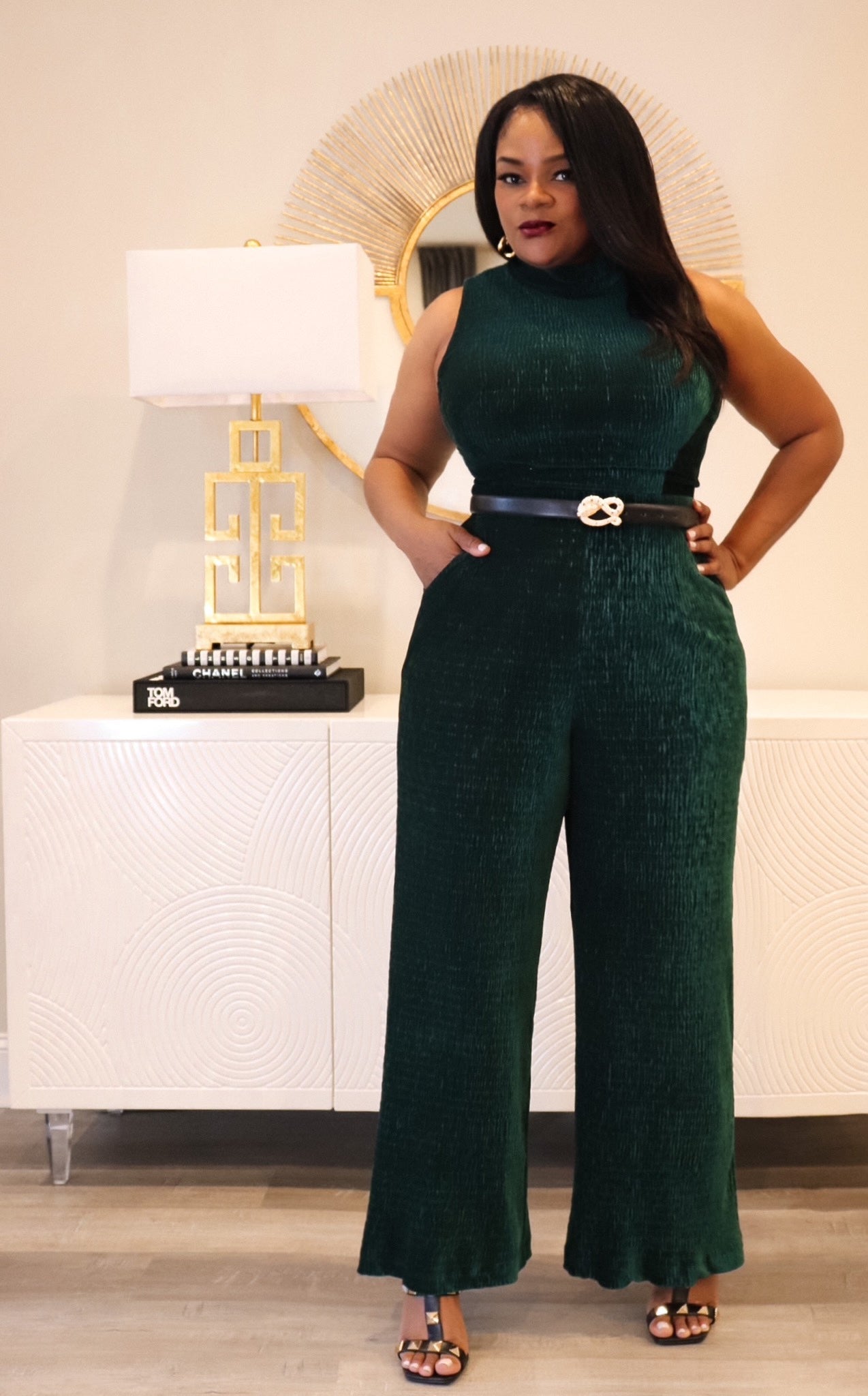 La Femme Jumpsuit - Pleated Spruce Velvet