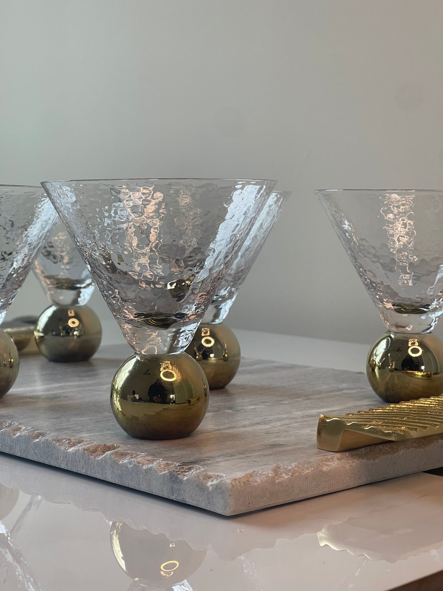 Hammered Glass Cups on Gold Ball Pedestal (Set of 6)