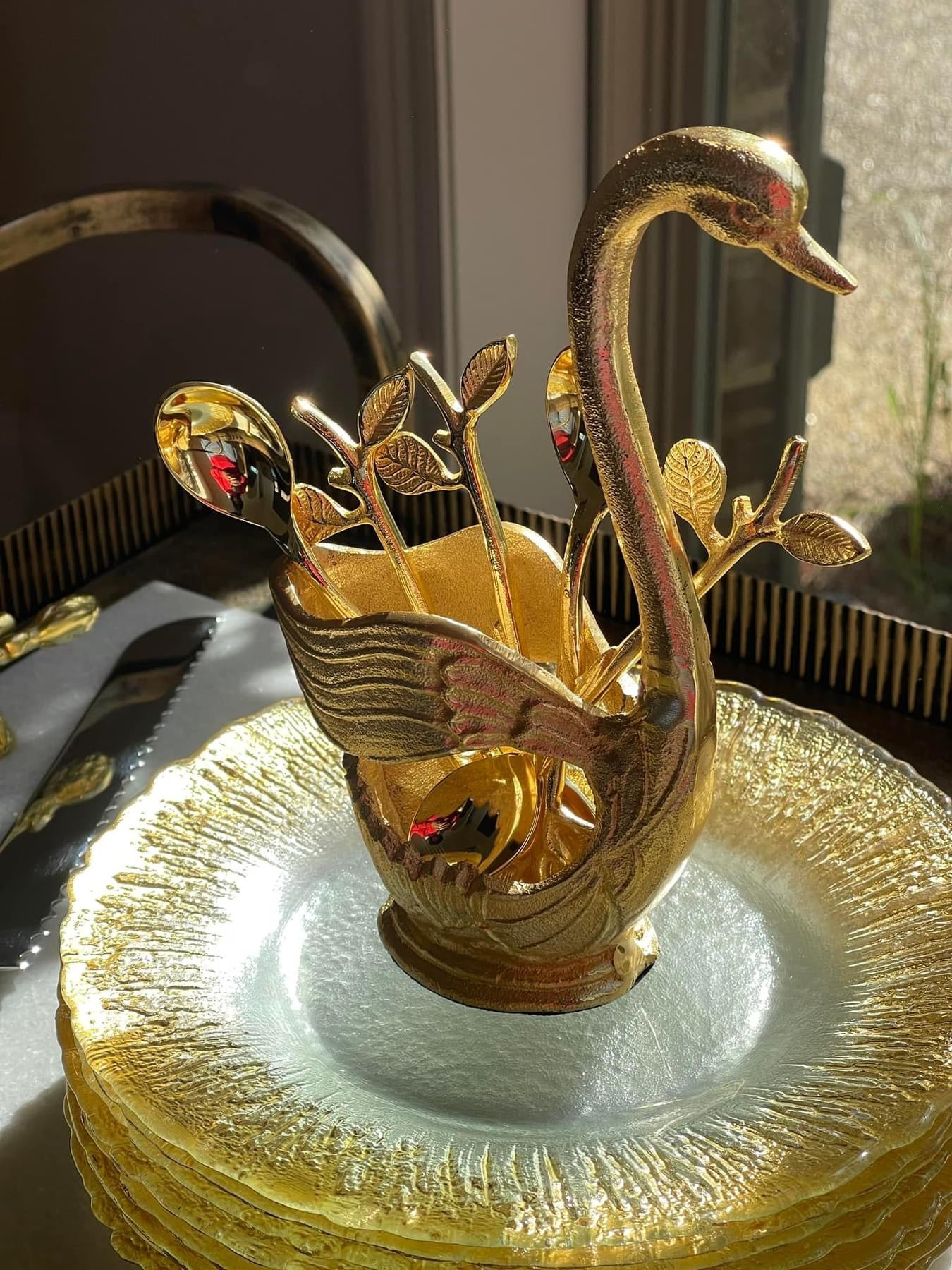 Brass Finish Swan Dessert Spoon Holder