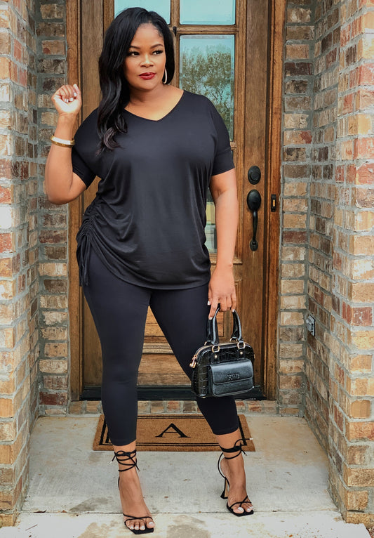 The V-Neck Ruched and Tied Legging Set In Black