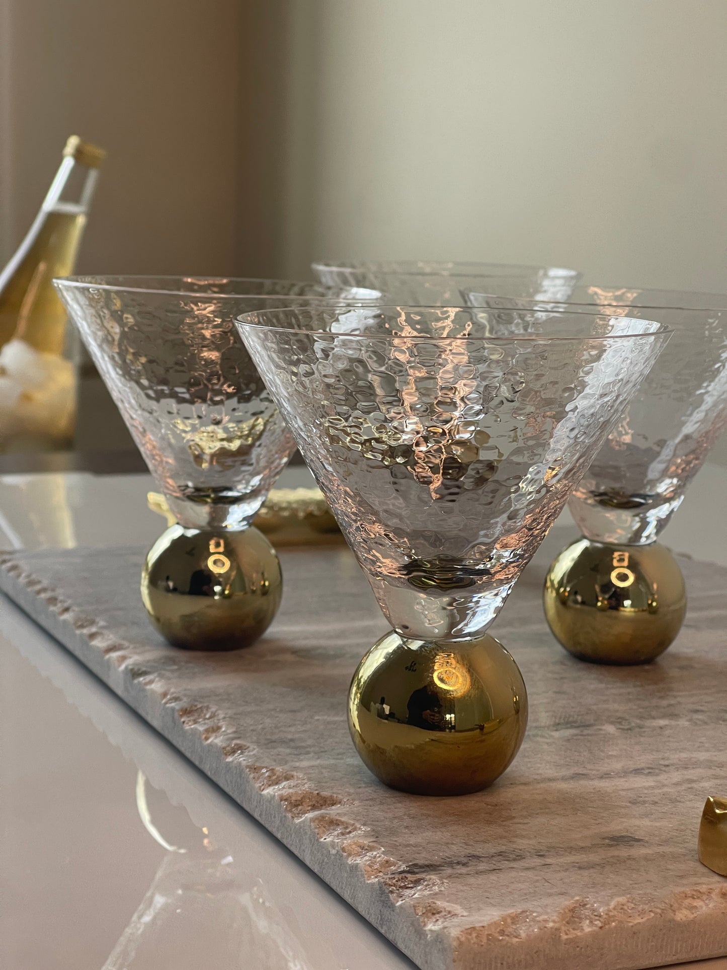 Hammered Glass Cups on Gold Ball Pedestal (Set of 6)