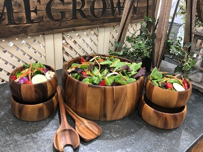 Acacia Wood Extra Large Salad Bowl, 4 Individual Bowls and Servers