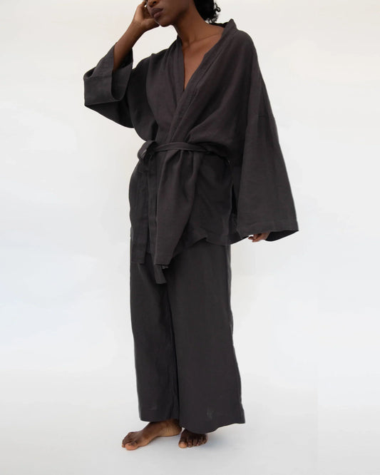 Charcoal Linen Kimono Set